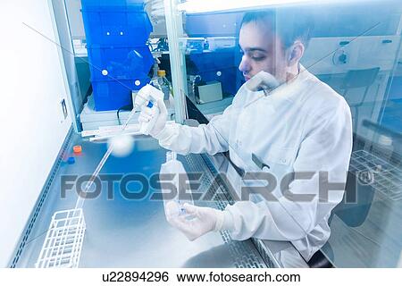 Stock Photograph - "Cancer research laboratory, scientist dispensing cells with electronic pipette". Fotosearch