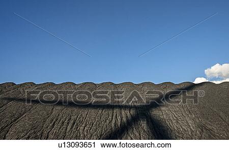 Stock Image - "Coal mound to be burned in power station with shadow of wind turbine, Vlissingen, Zeeland, Netherlands". Fotosearch