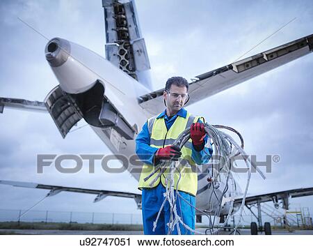 Stock Image - Engineer recycling aircraft parts on runway. Fotosearch