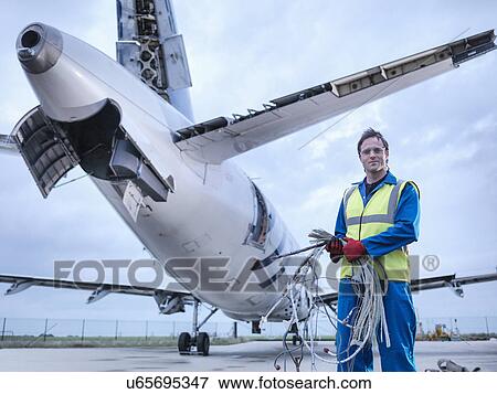 Stock Photo - "Engineer recycling aircraft parts on runway, portrait". Fotosearch