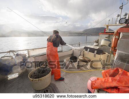 Stock Image - Fisherman hosing down fishing boat. Fotosearch