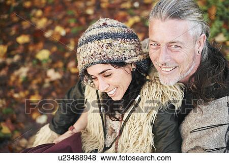 Stock Photo - High angle portrait of mature hippy couple. Fotosearch