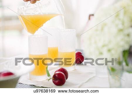 Orange juice being poured into glass View Large Photo Image Stock Photo - Orange juice being poured into glass. Fotosearch