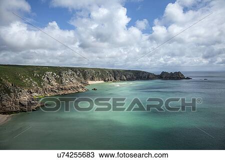 "View of cliffs and coastline, Porthcurno, Cornwall, UK" View Large Photo Image Stock Image - "View of cliffs and coastline, Porthcurno, Cornwall, UK". Fotosearch