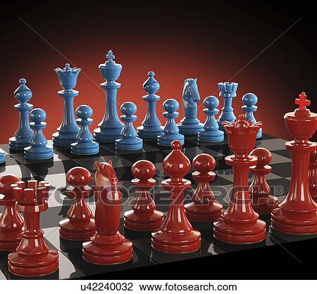 Drawing - "Chess board and pieces, illustration". Fotosearch