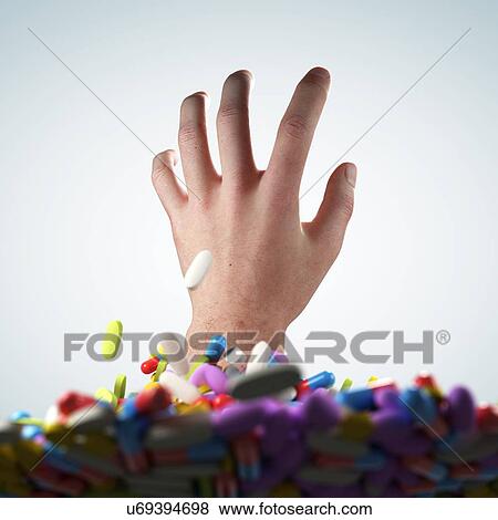 Stock Illustration - "Hand and pills and tablets, illustration". Fotosearch