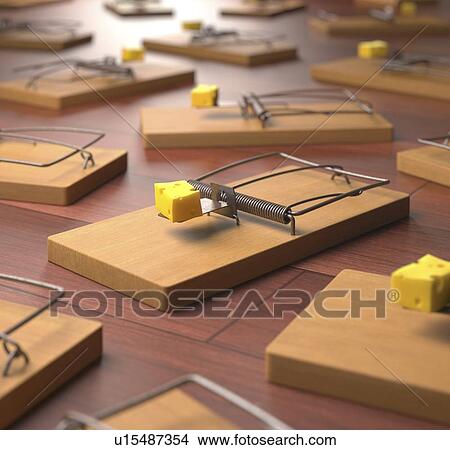 Stock Illustration - "Mousetraps with cheese, illustration". Fotosearch