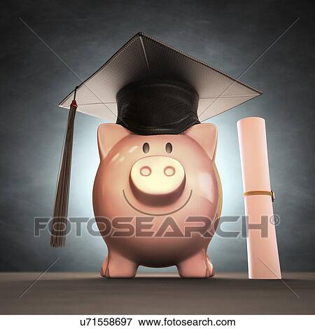 Piggy bank wearing graduation cap View Large Illustration Stock Illustration - Piggy bank wearing graduation cap. Fotosearch