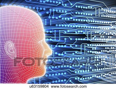 Stock Illustration - Printed circuit board and wireframe head. Fotosearch
