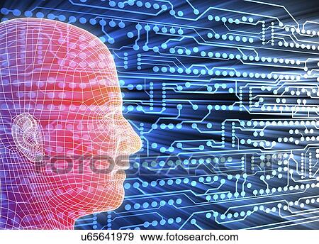 Stock Illustration - Printed circuit board and wireframe head. Fotosearch