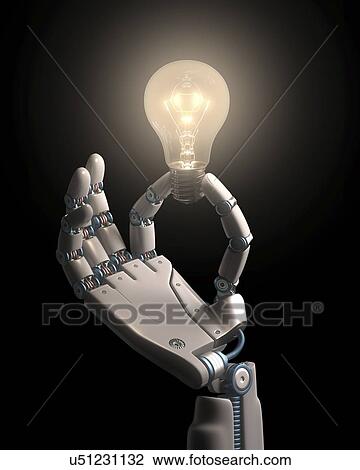 Robotic hand holding a light bulb View Large Illustration Drawing - Robotic hand holding a light bulb. Fotosearch