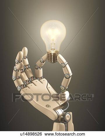 Stock Illustration - Robotic hand holding a light bulb. Fotosearch