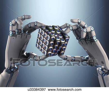 "Robotic hand holding cube, illustration" View Large Illustration Stock Illustration - "Robotic hand holding cube, illustration". Fotosearch