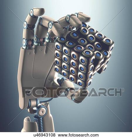 Stock Illustration - "Robotic hand holding cube, illustration". Fotosearch