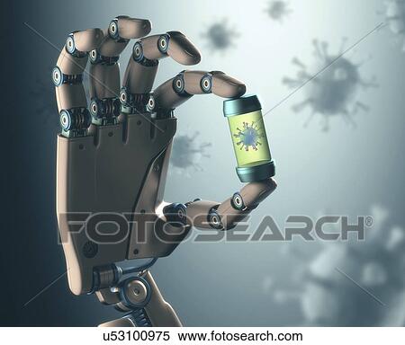 Stock Illustration - "Robotic hand holding virus, illustration". Fotosearch