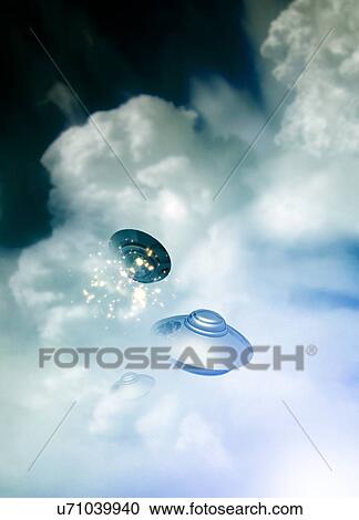 "UFOs in the cloud, illustration" View Large Illustration Clipart - "UFOs in the cloud, illustration". Fotosearch