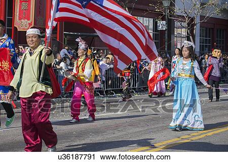 Stock Image - "115th Golden Dragon Parade, Chinese New Year, 2014, Year of the Horse, Los Angeles, California, USA". Fotosearch