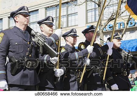 Stock Photograph - "Boston Police Honor Guard, St. Patrick's Day Parade, 2014, South Boston, Massachusetts, USA". Fotosearch