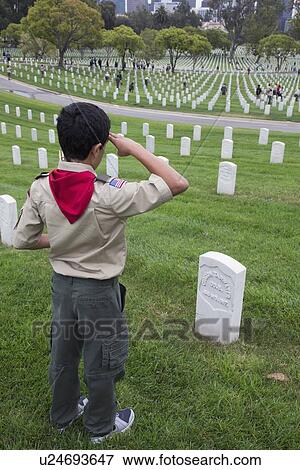 Stock Photo - "Boyscout salutes at one of 85, 000 US Flags at 2014 Memorial Day Event, Los Angeles National Cemetery, California, USA". Fotosearch