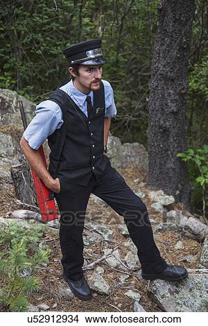 Picture - "Brakeman Reenactor on Durango and Silverton Narrow Gauge Railroad, Colorado, USA". Fotosearch