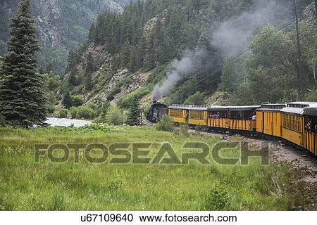 Stock Image - "Durango and Silverton Narrow Gauge Railroad Steam Engine Train ride, Durango, Colorado, USA". Fotosearch