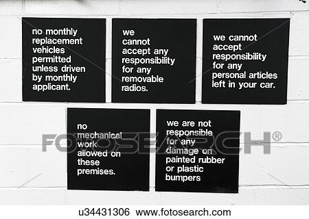 Stock Photograph - "Garage sign stating ""no responsibility"" for anything, NO, New York, USA". Fotosearch