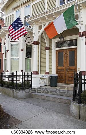 Stock Photograph - "Irish and US Flag, St. Patrick's Day Parade, 2014, South Boston, Massachusetts, USA". Fotosearch
