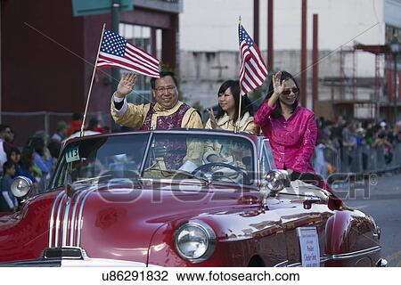Stock Image - "LA Chamber President Chester Chong, 115th Golden Dragon Parade, Chinese New Year, 2014, Year of the Horse, Los Angeles, California, USA". Fotosearch