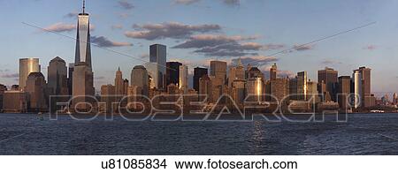 Picture - "Panoramic view of New York City Skyline on water featuring One World Trade Center (1WTC), Freedom Tower, New York City, New York, USA City, New York, USA". Fotosearch
