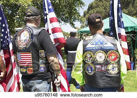 Stock Photo - "Patriot Guard Motorcyclists honor fallen US Soldier, PFC Zach Suarez, ""Honor Mission"" on Highway 23, drive to Memorial Service, Westlake Village, California, USA". Fotosearch
