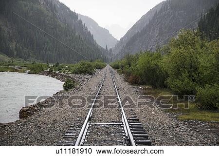 Stock Image - "Raid Road tracks towards mountains and Animas River, Durango and Silverton Narrow Gauge Railroad, Silverton, Colorado, USA". Fotosearch