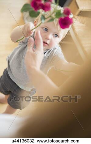 Stock Image - Boy (2-3) giving flowers to his mother. Fotosearch