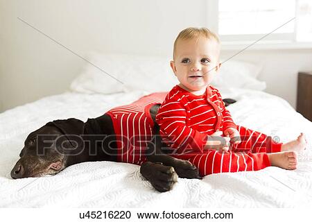 Boy (2-3) with dog in bedroom View Large Photo Image Stock Image - Boy (2-3) with dog in bedroom. Fotosearch