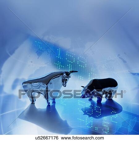 Close up of figurines of bull and bear on world map View Large Photo Image Stock Photograph - Close up of figurines of bull and bear on world map. Fotosearch