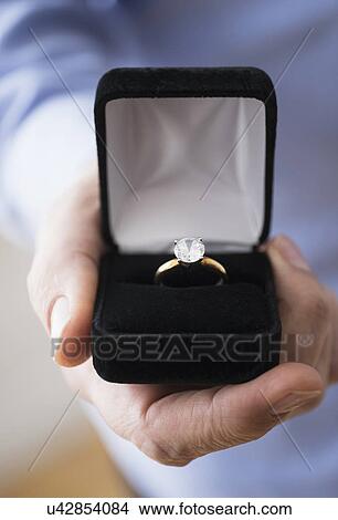 Picture - Close up of man's hand holding open box with engagement ring. Fotosearch
