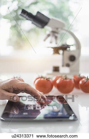 Stock Image - Close up of man's hand using digital tablet in laboratory. Fotosearch