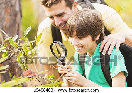 Father and son (12-13) watching butterfly with magnifying glass View Large Photo Image Stock Photo - Father and son (12-13) watching butterfly with magnifying glass. Fotosearch