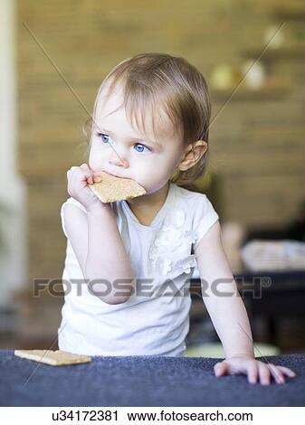 Girl (12-17 months) eating water cracker View Large Photo Image Stock Image - Girl (12-17 months) eating water cracker. Fotosearch