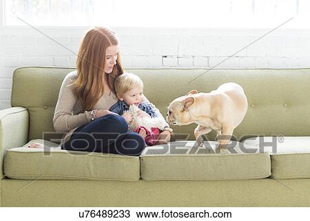 Mother and son (2-3) on sofa looking at pug View Large Photo Image Stock Image - Mother and son (2-3) on sofa looking at pug. Fotosearch