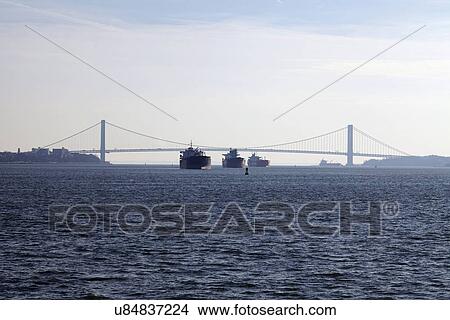 Picture - View of ships and Verrazano-Narrows Bridge. Fotosearch