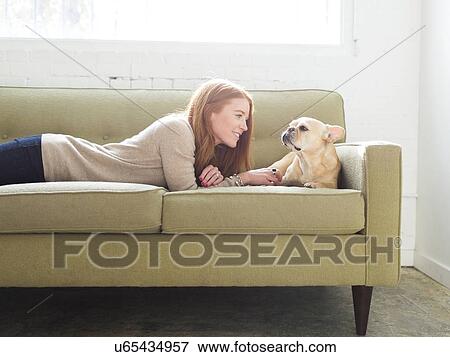 Woman and pug lying on sofa View Large Photo Image Stock Photo - Woman and pug lying on sofa. Fotosearch