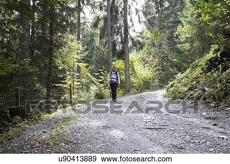 Woman hiking in forest View Large Photo Image Stock Photo - Woman hiking in forest. Fotosearch