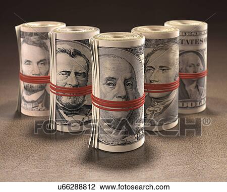 Drawing - "Dollar bills rolled up, illustration". Fotosearch