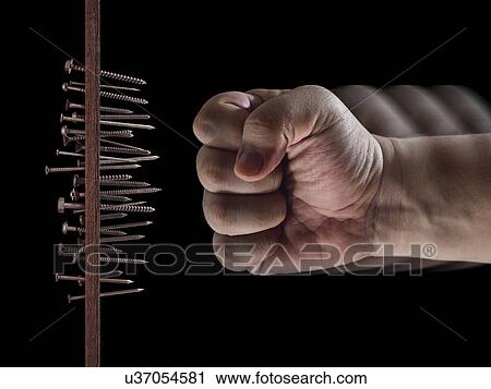 Fist hitting nails and screws View Large Illustration Clip Art - Fist hitting nails and screws. Fotosearch