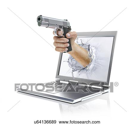 "Laptop with hand and gun, illustration" View Large Illustration Stock Illustration - "Laptop with hand and gun, illustration". Fotosearch