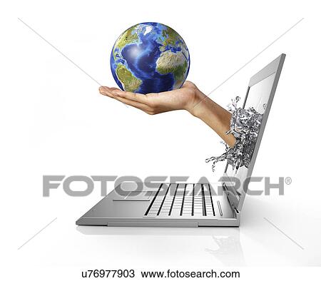 Drawing - Laptop with hand holding globe. Fotosearch