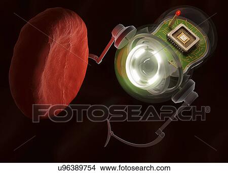 Stock Illustration - "Nanobot and red blood cell, illustration". Fotosearch