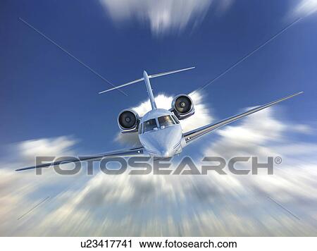 Clip Art - "Private jet in the clouds, illustration". Fotosearch