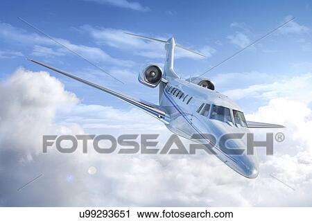 Clip Art - "Private jet in the clouds, illustration". Fotosearch