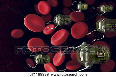 Red blood cells and nanobots View Large Illustration Stock Illustration - Red blood cells and nanobots. Fotosearch